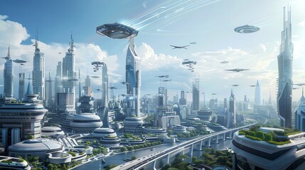 Wall Mural - a futuristic city with flying cars.