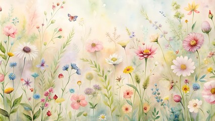 Canvas Print - Whimsical Watercolor Wildflowers: A Delicate and Dreamy Floral Pattern  AI Generated