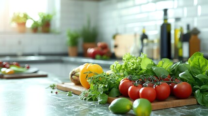 Wall Mural - Fresh vegetables are on the countertop of a kitchen.