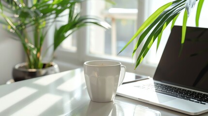 Sticker - A white mug and laptop on a white desk.