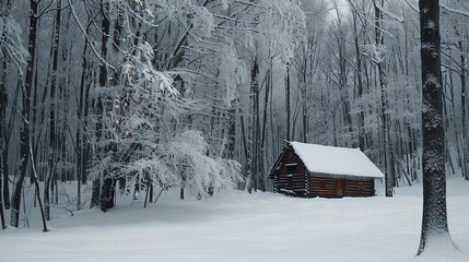 Wall Mural - A small cabin nestled in a snowy forest.