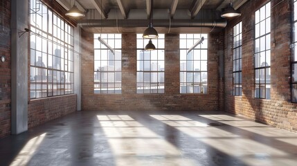 Wall Mural - An empty room with large windows and exposed brick walls.