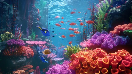 Wall Mural - A vibrant underwater scene with colorful fish and coral.