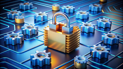 A detailed illustration of a secured database with folders and files labeled as confidential, surrounded by locks and gears, representing data compliance measures.