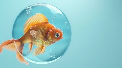 Sticker - A goldfish swimming in a round, transparent container against a blue background.