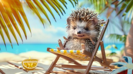 Poster - A cartoon hedgehog wearing sunglasses is relaxing on a beach lounger in a tropical setting.