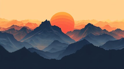 Wall Mural - A large sun sets over a mountainous landscape.