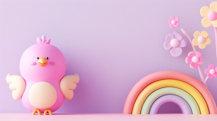 Wall Mural - A cute cartoon bird stands in front of a rainbow on a pastel background.