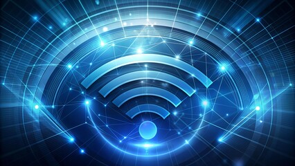 Poster - Digital Wave of Connectivity: A Futuristic Blue WiFi Logo with Flowing Arrows and HUD Elements  AI generated