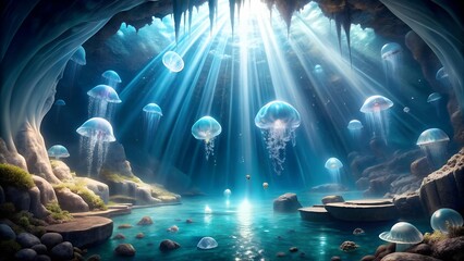 Canvas Print - Serene Oasis: A Tranquil Dance of Jellyfish in a Crystal Cave  AI generated