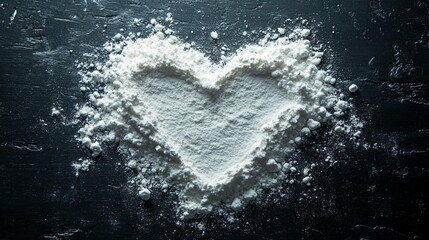 Collection of white powder in heart shape and cocaine line isolated on black background, top view, emphasizing the texture and visual contrast for artistic and creative designs





