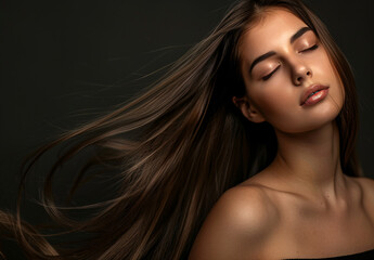 Elegant woman with shiny, healthy brown hair flowing in wind