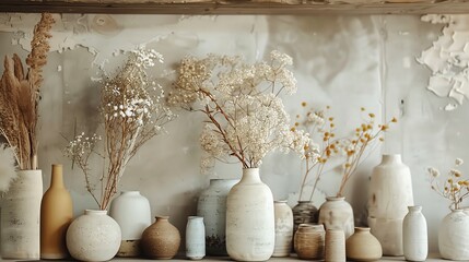 Wall Mural - A collection of ceramic vases with dried flowers arranged on a shelf.