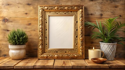 Poster - A Touch of Glamour: Wooden Frame with a Gilded Finish in a Boho Interior  AI generated