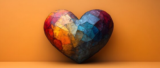 Wall Mural - Colorful Heart Sculpture on Orange Background.