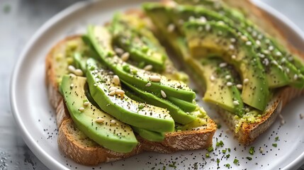 Close up of two slices of avocado toast on a white plate.