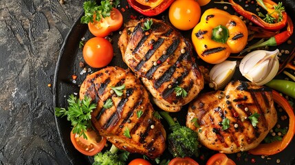 Canvas Print - Grilled chicken breasts with peppers, tomatoes, and herbs.