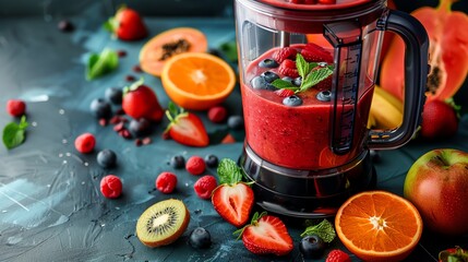 Poster - A blender full of a red smoothie with fruit and greens scattered on a blue background.