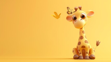 Poster - A cartoon giraffe with a butterfly on its head sitting on a yellow background.