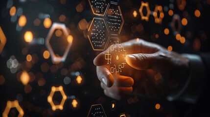 Fototapete - Businessman touching and pressing hexagon honey screen display hologram button interface by finger on dark black background Internet and Virtual Reality concept Business and technology : Generative AI