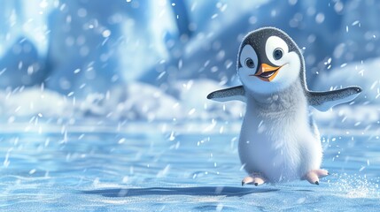 Canvas Print - A cartoon penguin with big eyes waddles in the snow.