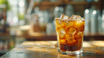 Aufkleber - Iced coffee with ice cubes in a glass on the table : Generative AI