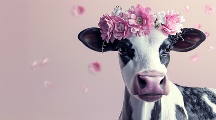 Wall Mural - A black and white cow with a pink flower crown, against a pink background.