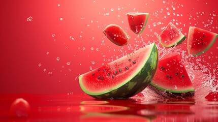 Wall Mural - watermelon slices splashing in a pool of water.
