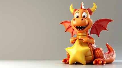 Sticker - A cartoon dragon holding a yellow star on an orange background.