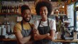 © Generative AI - Multiethnic barista couple arm crossed smile looking camera happy startup cafe small business entrepreneur young retail business owner working in coffee shop restaurant standing in fro : Generative AI