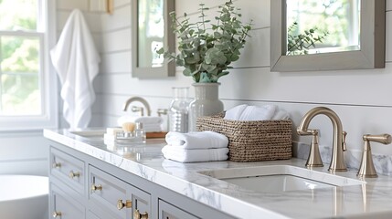 Poster - A luxurious renovated bathroom with a grey vanity rustic wood framed mirrors shiplap wall and chrome faucets and hardware : Generative AI