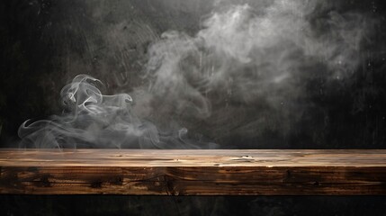Aufkleber - On a black background an empty wooden table with smoke floats up Empty space for displaying your products with a smoke float up on a dark background Space available for displaying your : Generative AI