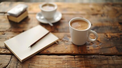 Wall Mural - Cup of coffee with notepad and brown pen on wooden table top view copy space : Generative AI