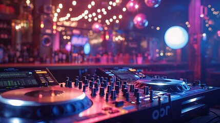 Aufkleber - Empty DJ mixing panel at funky club spotlights and disco ball at the bar used for dancing and clubbing Dance floor at discotheque with audio equipment station used for partying nightli : Generative AI