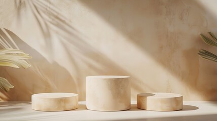 Poster - Three beige light podium for cosmetic product presentation : Generative AI