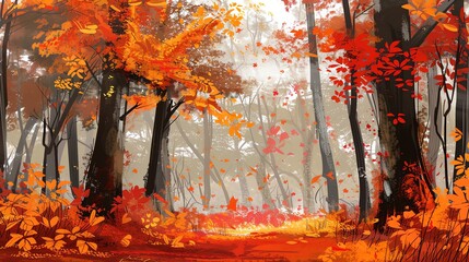 Wall Mural - A painting of a forest in the fall with red and orange leaves.