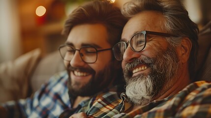 Adult hipster son fun hugging old senior father at home two generations have a beard talking together and relaxing with smile 2 man happy enjoy to living at home in fathers day with lo : Generative AI