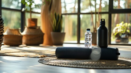 Poster - A black yoga mat rolled up next to a clear water bottle and a black water bottle.