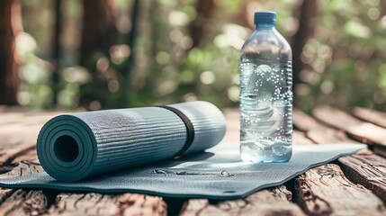 Poster - A rolled-up yoga mat and a bottle of water on a wooden surface.