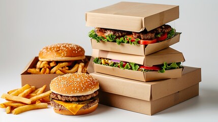 Poster - Stack of fast food Boxes on white Background : Generative AI