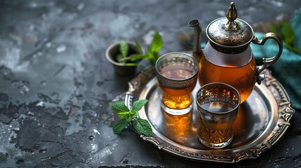 Moroccan mint tea in traditional glasses with vintage teapot on silver tray Grey background Close up Top view : Generative AI