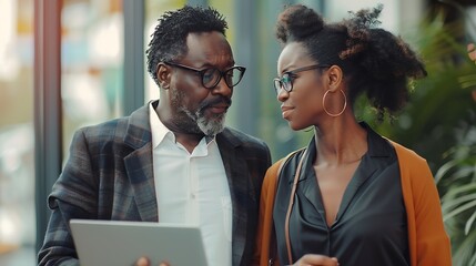 Poster - African american male and female colleague using laptop and talking standing in office copy space : Generative AI