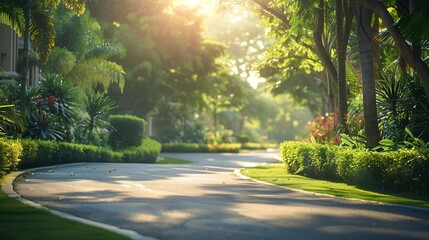 Poster - Empty street at the nice and comfortable garden at the morning with lovely beautiful sky : Generative AI