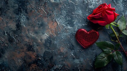 Canvas Print - Valentine day composition with rose flower and red heart on table Top view flat lay copy space Holiday concept : Generative AI