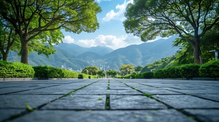 Canvas Print - empty square floor and green mountain nature landscape in city park : Generative AI