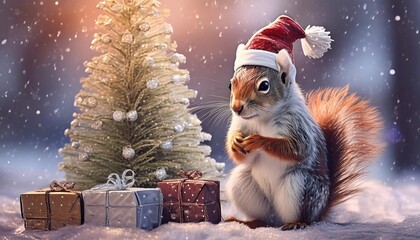 Canvas Print - Christmas squirrel in the snow 