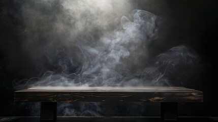 Aufkleber - On a black background an empty wooden table with smoke floats up Empty space for displaying your products with a smoke float up on a dark background Space available for displaying your : Generative AI