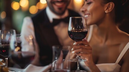 happy interracial couple in elegant attire holding glasses with wine during date in restaurant : Generative AI