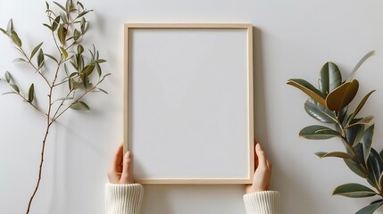Fototapete - Cropped vertical view of woman hands hanging beige picture frame with copy space Female hold blank poster against white wall Art placard in room Concept of home decor : Generative AI