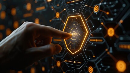 Fototapete - Businessman touching and pressing hexagon honey screen display hologram button interface by finger on dark black background Internet and Virtual Reality concept Business and technology : Generative AI